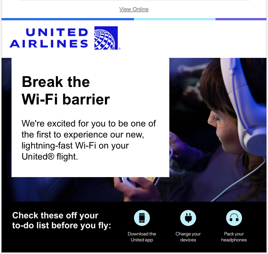 United Starlink pre-flight email